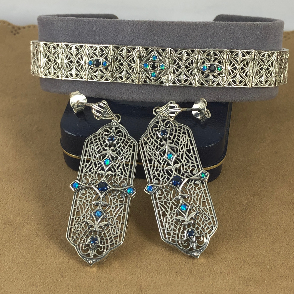 Sapphire & Opal 925 Sterling Silver Vintage Filigree Bracelet 7 & earrings - Picture 2 of 5